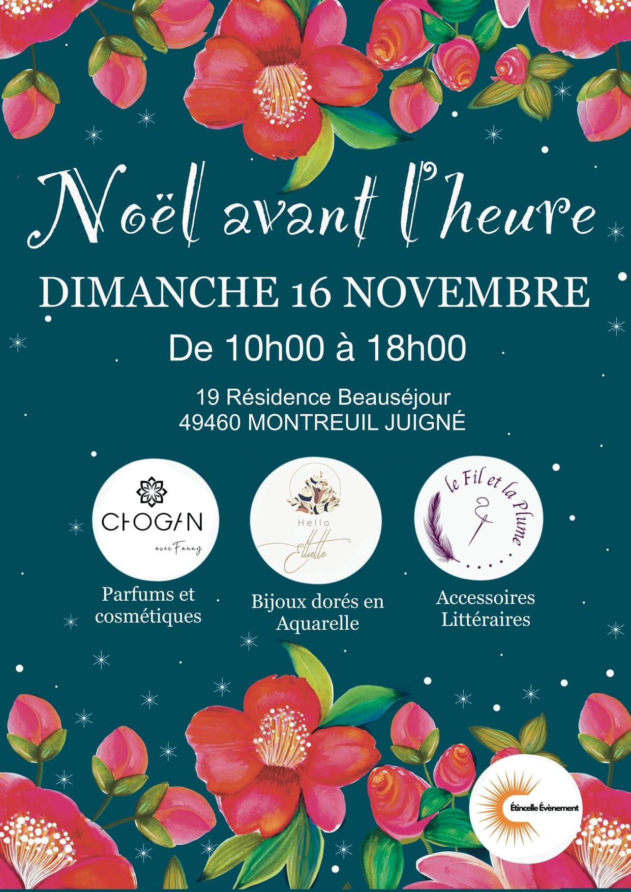 affiche fond bleu canard et fleurs pour noel avant l'heure